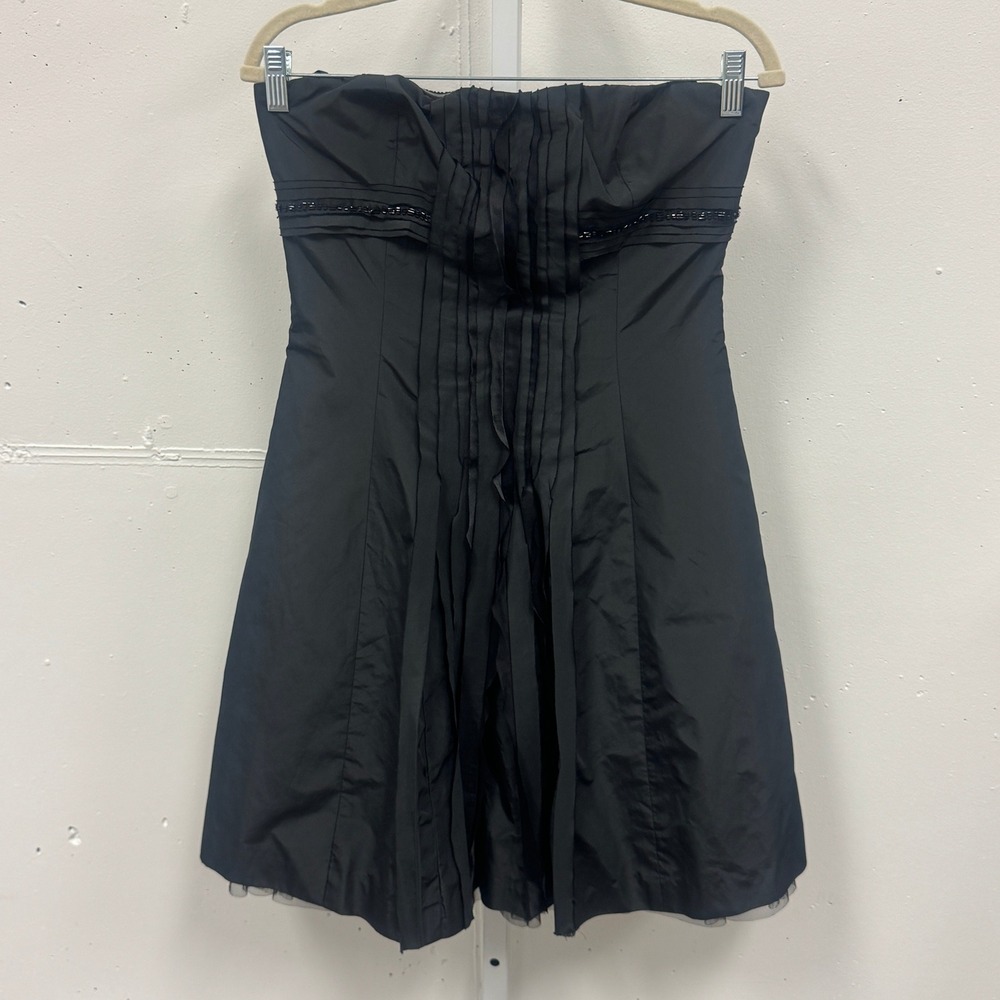 Y2K BCBGMAXAZRIA Strapless Pleated Beaded Cocktail Mini Dress Size 8 Black Prom